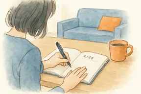 リビングのテーブルでノートに気づいたことを書き込む女性の手元