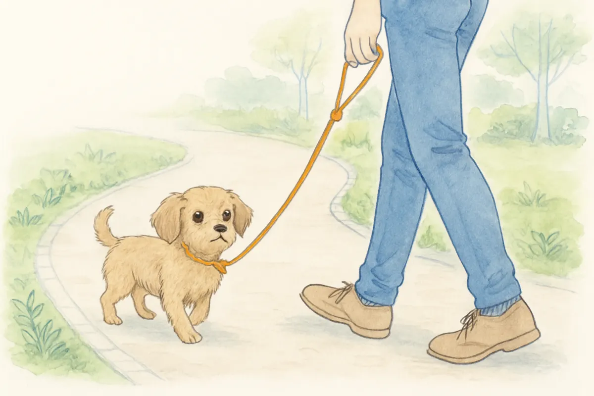 公園の遊歩道を歩く保護された迷子犬とリードを持つ人