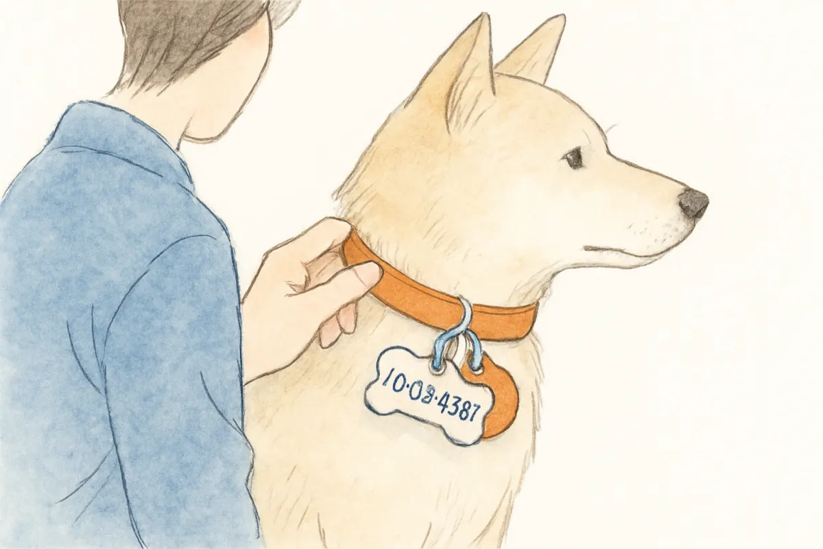 首輪に迷子札をつけた犬のクローズアップ