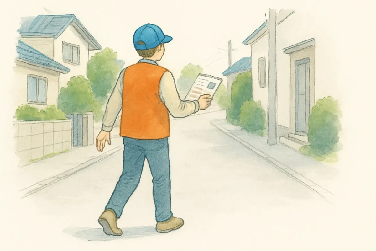 住宅街の道を捜索しながら聞き込みをするスタッフの後ろ姿