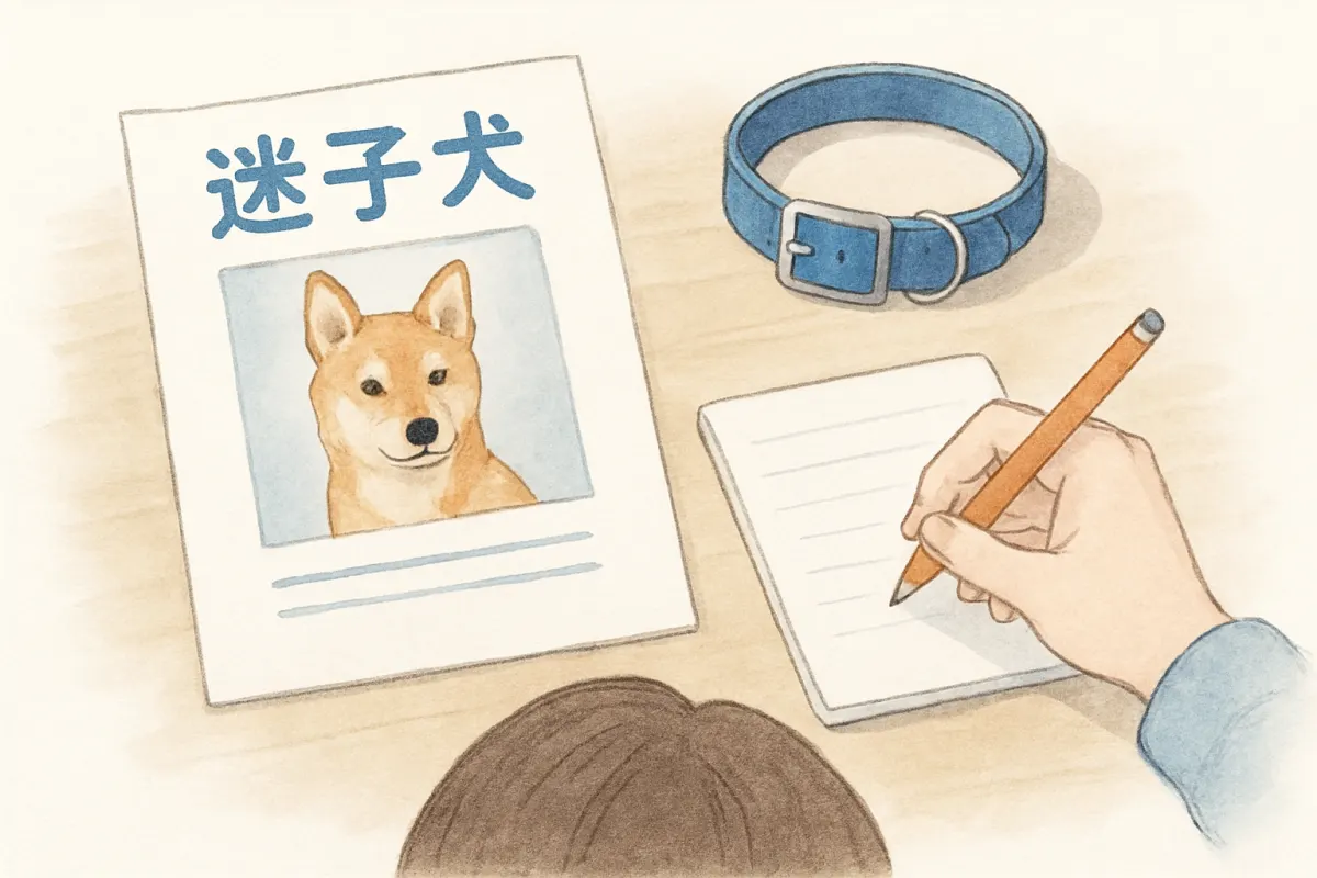 迷子犬の捜索チラシと首輪を前に相談の準備をする手元