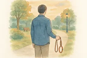 夕方の公園で迷子犬を探してリードと首輪を手に立つ人の後ろ姿