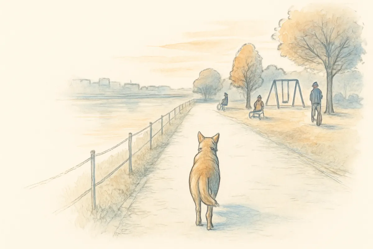 夕方の川沿いの道を歩く迷い犬の後ろ姿