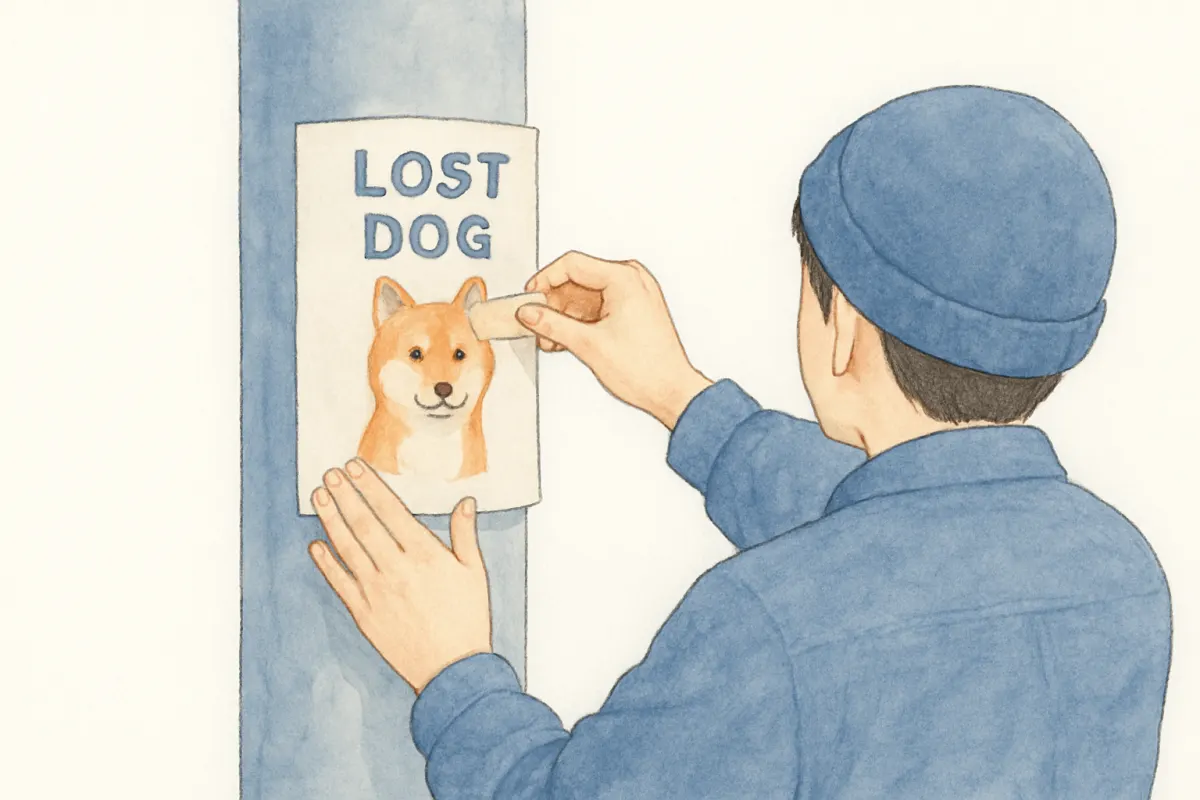 電柱に迷い犬のチラシを貼る人の手元