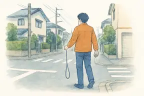 朝の住宅街の交差点でリードを手に犬を探して歩く人の後ろ姿