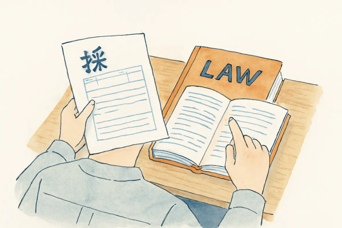 採用書類と法律の資料を机で確認する担当者の手元