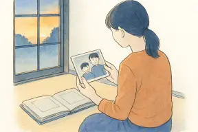 古い家族写真を手に取って見つめる女性の手元