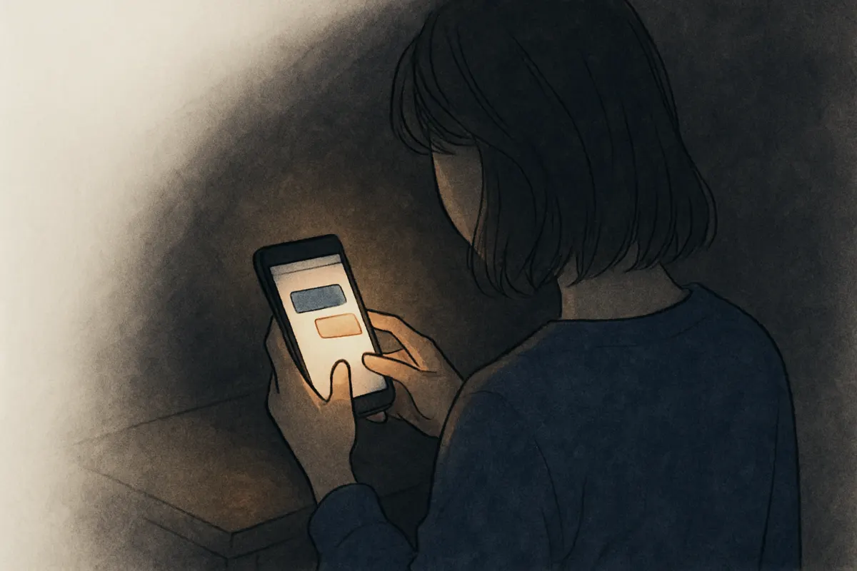 夜の部屋でスマホの画面を見ながら考え込む様子