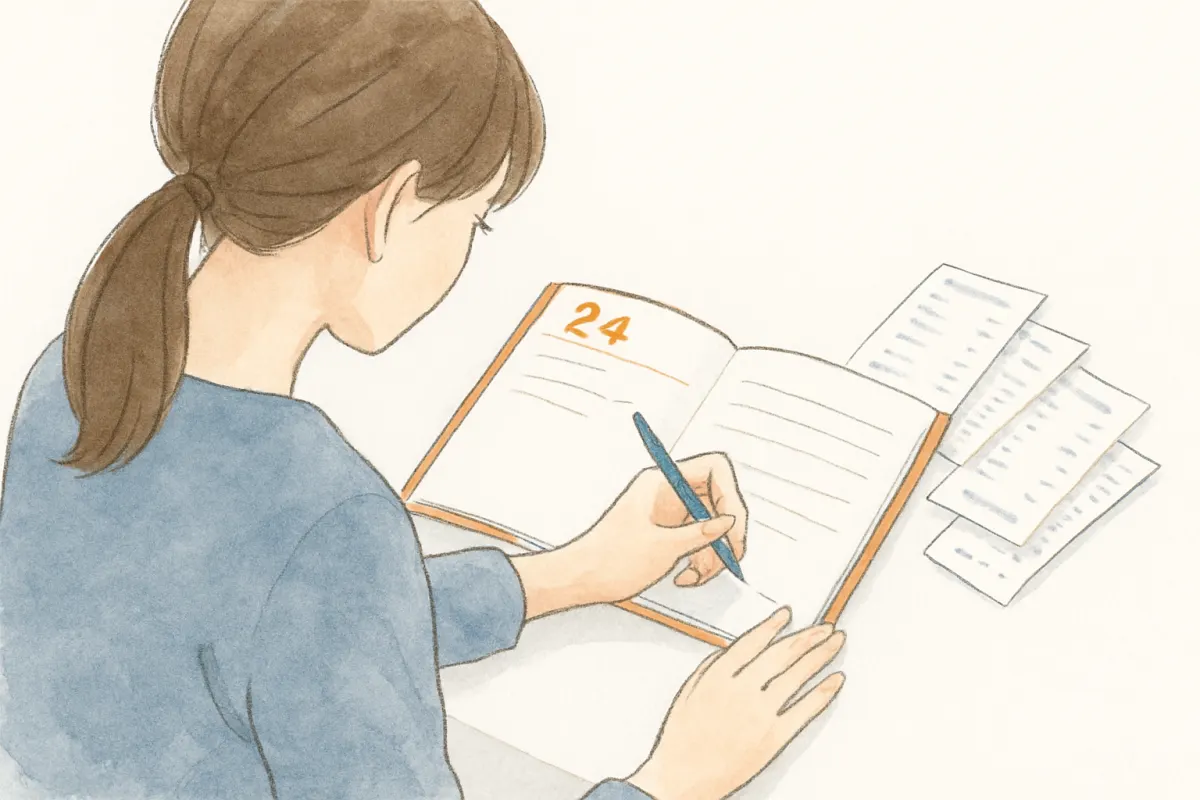 手帳に日付と出来事を書き込み記録を整理する様子