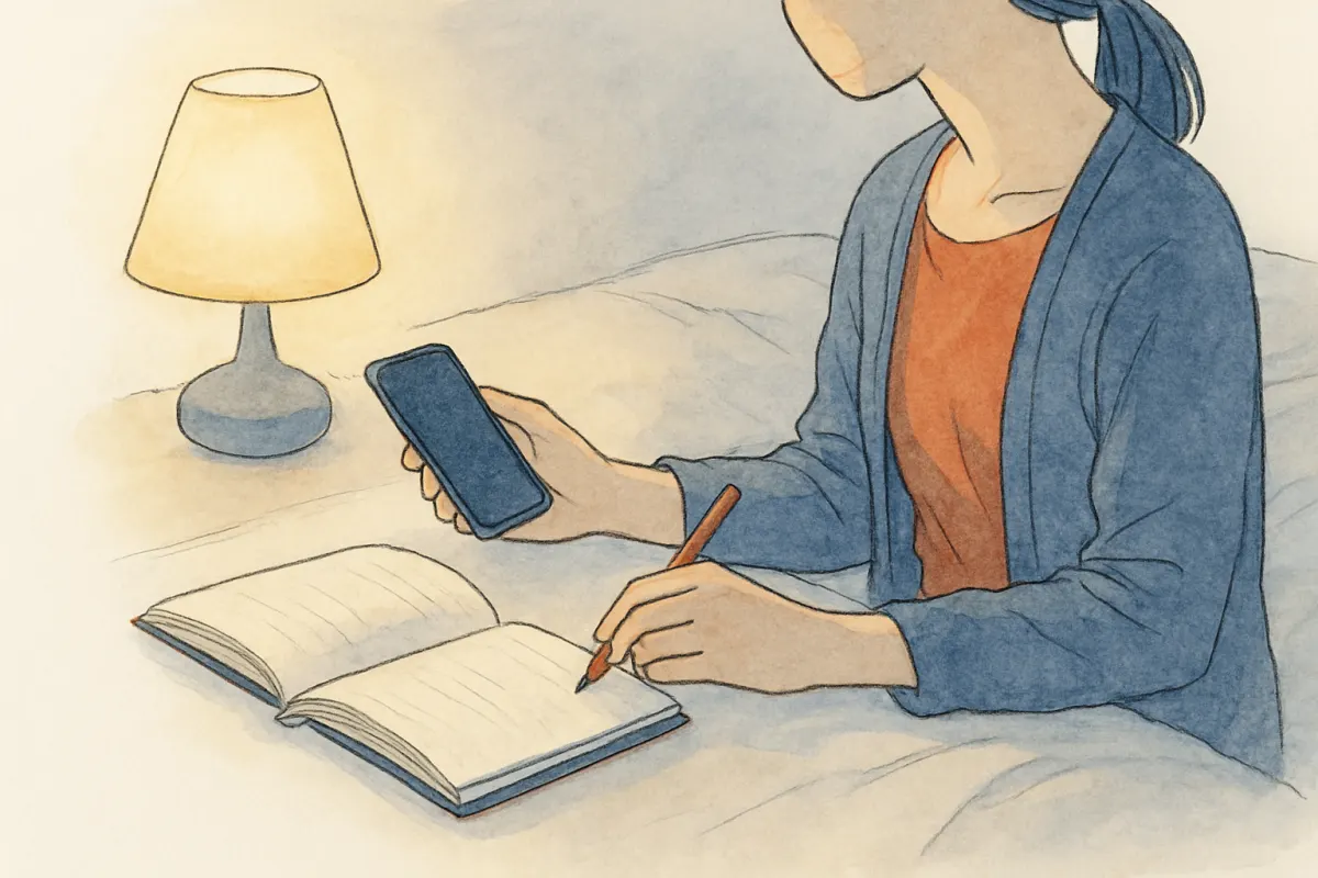 夜の部屋でスマホと手帳を前に証拠のメモを整理する女性の手元