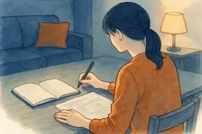 夜のリビングでノートと書類を前に考える女性の手元