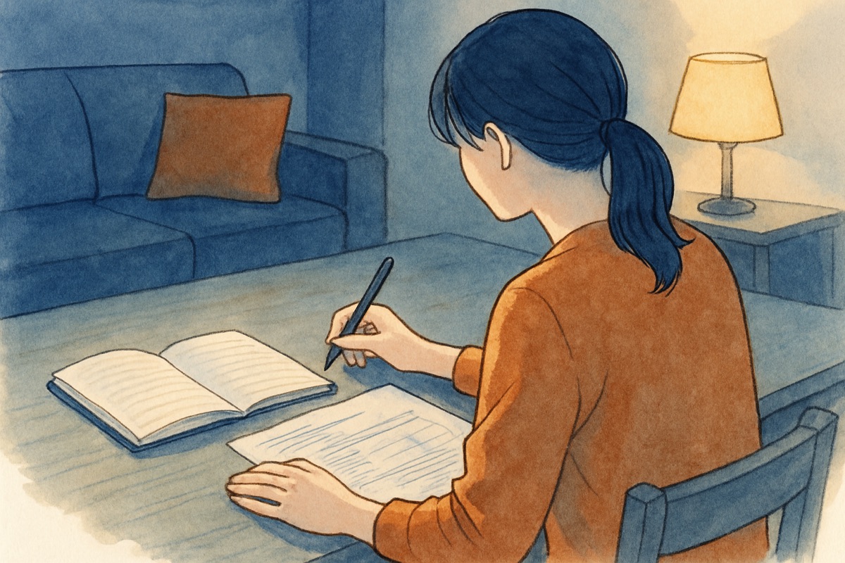 夜のリビングでノートと書類を前に考える女性の手元