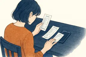 テーブルに並べたレシートとスマートフォンを見つめる女性の手元