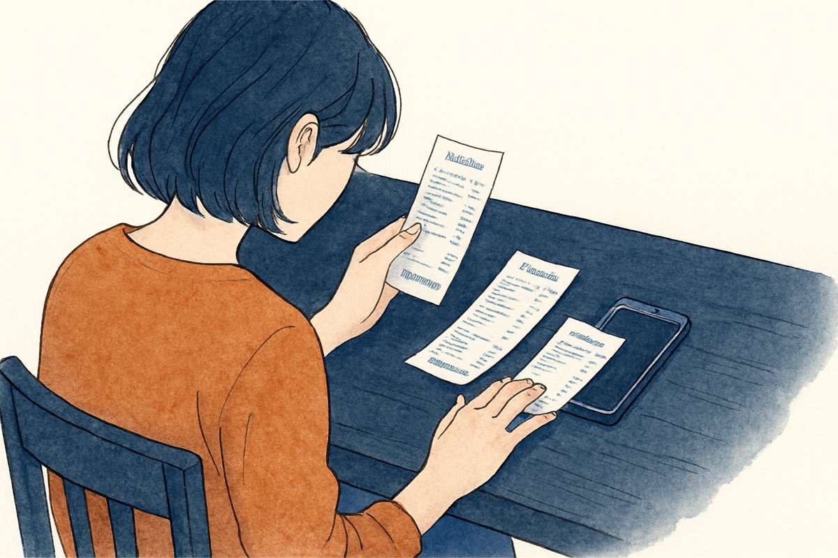 テーブルに並べたレシートとスマートフォンを見つめる女性の手元