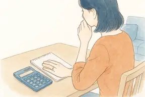 電卓とメモ帳を前に婚約指輪を見つめる女性の手元