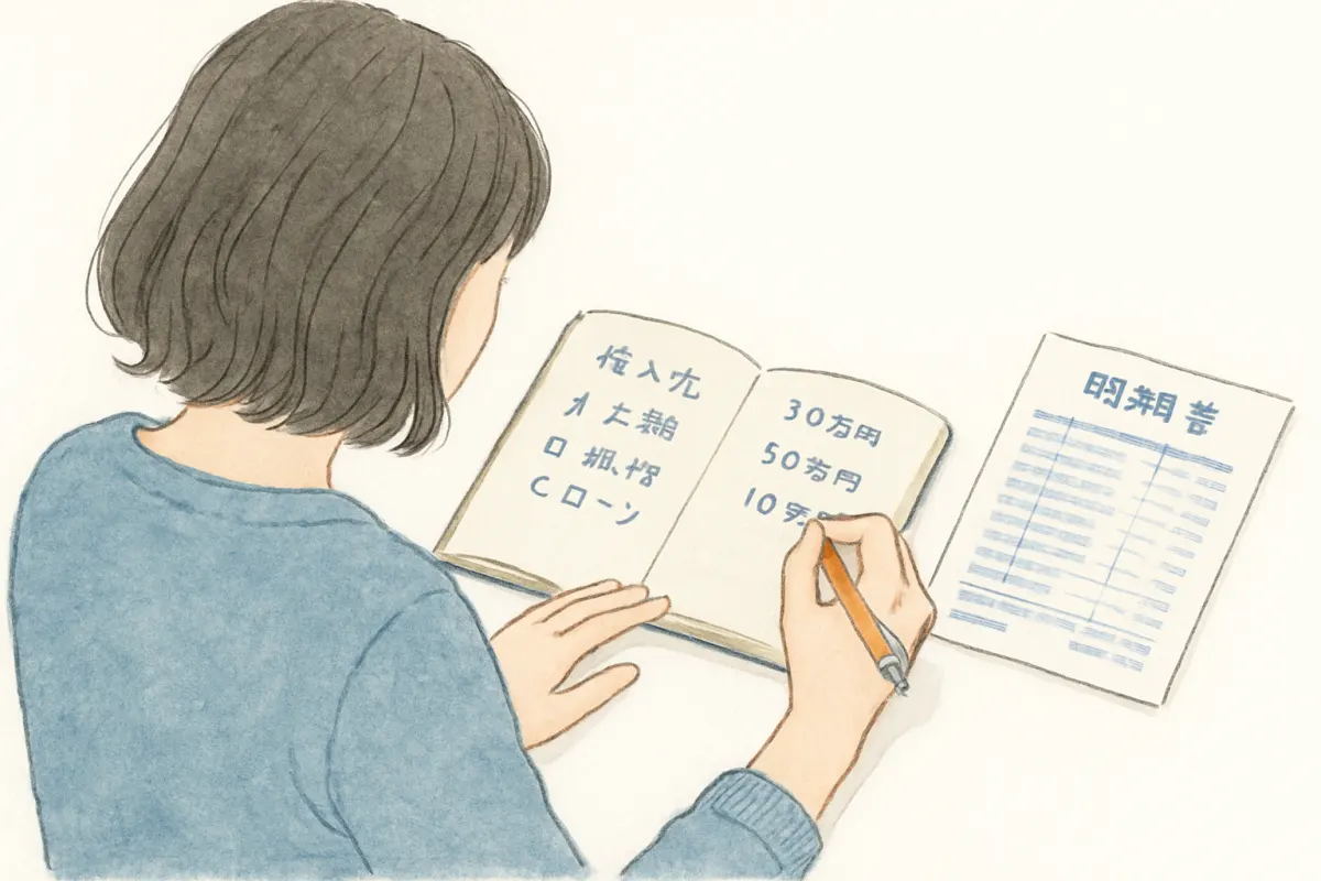 発覚した借金の全体像をノートに書き出して整理する様子