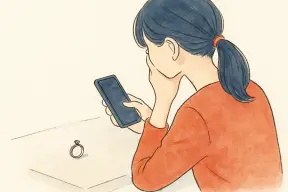 指輪を見つめながら不安げに考え込む女性の手元