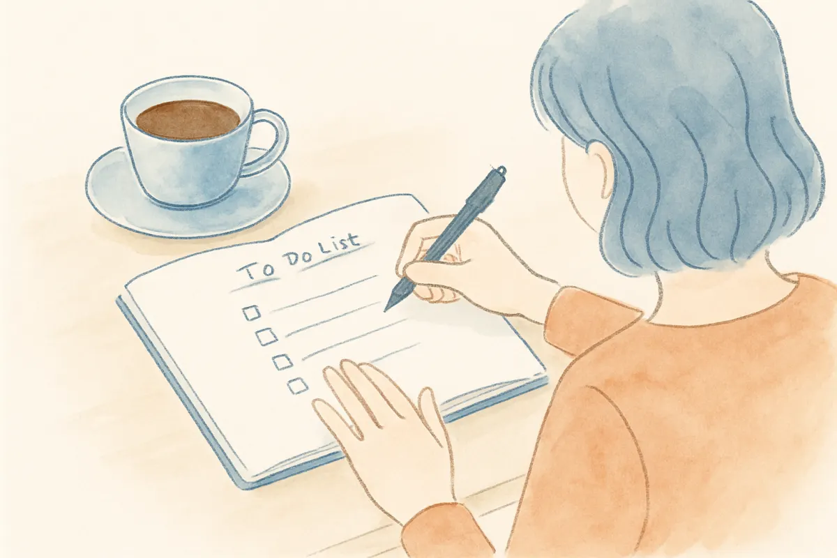 ノートに準備することを書き出す女性の手元とコーヒーカップ