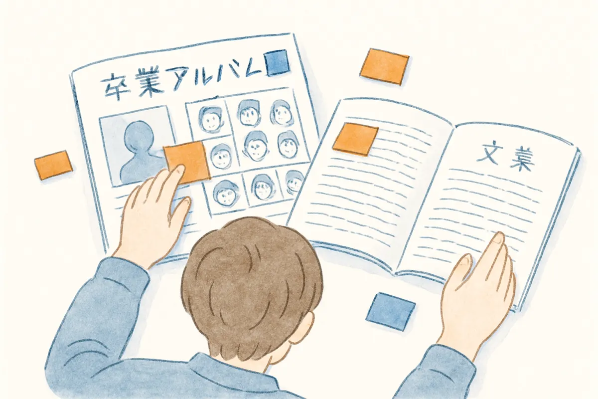 卒業アルバムや文集から手がかりを整理する様子