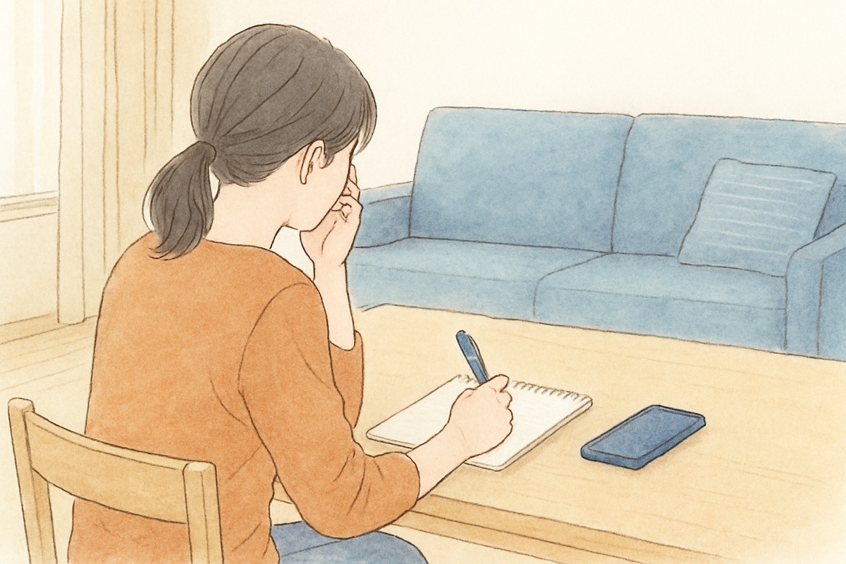 メモ帳とスマートフォンを前に置いて相談の準備をする女性の手元