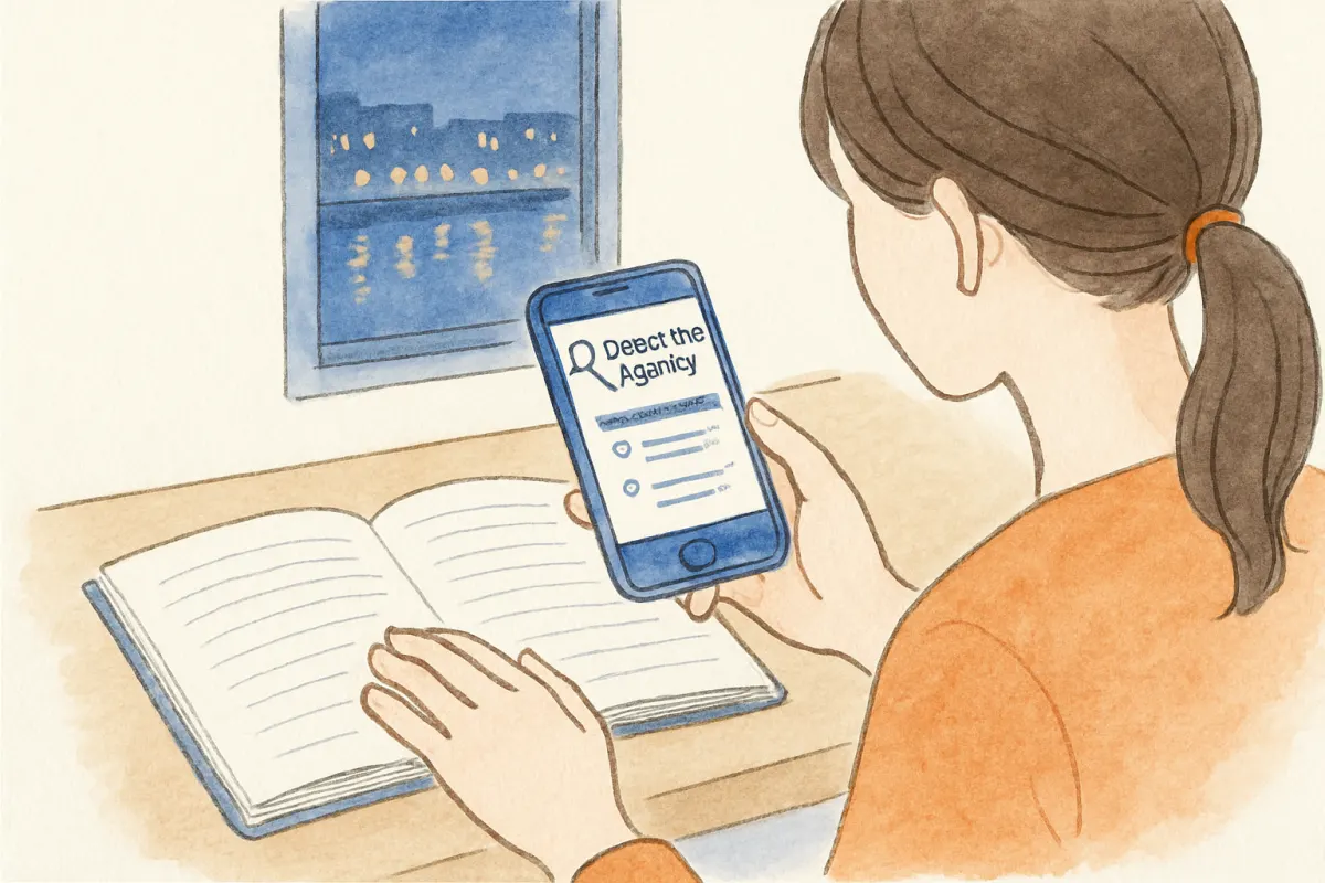 スマホで探偵社の届出番号を確認しノートに書き留める手元