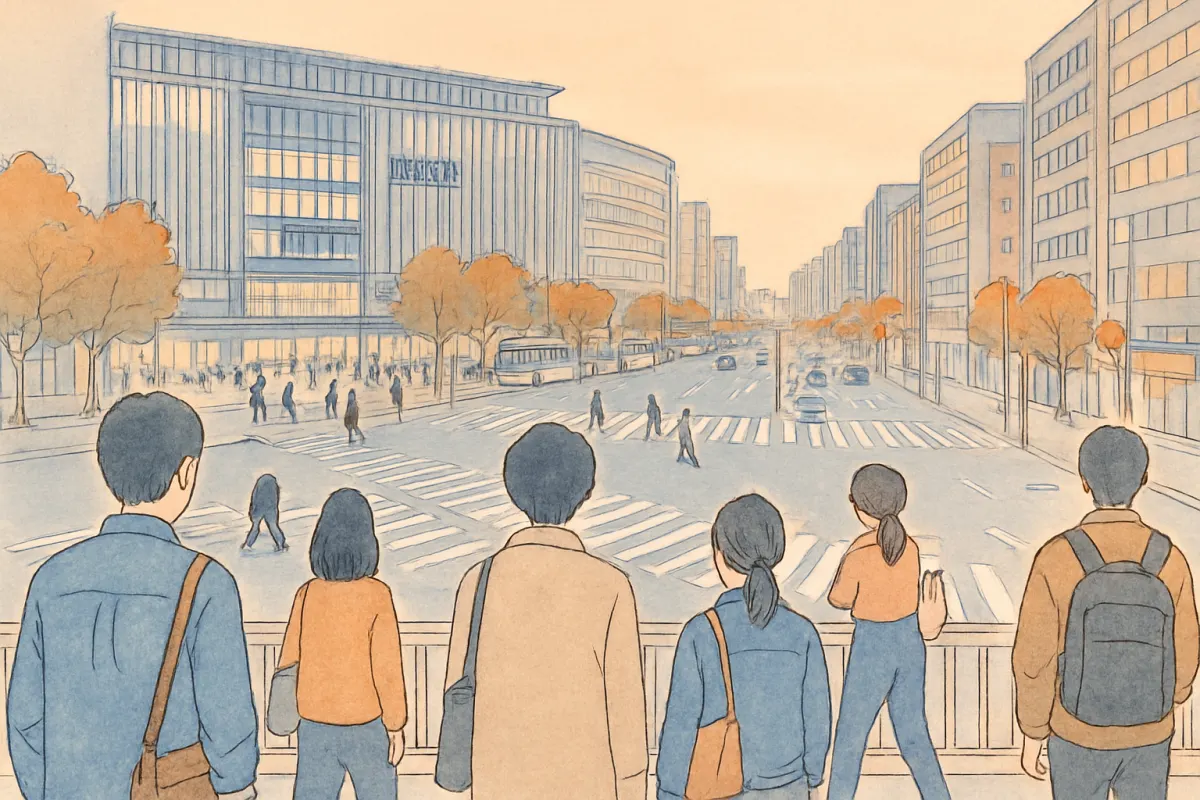 人通りの多い夕方の博多駅前の交差点