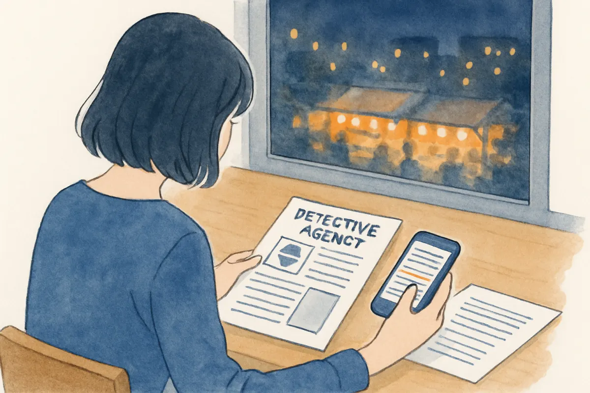 夜の屋台の明かりが遠くに見える窓辺で探偵社の資料を見比べる女性の手元
