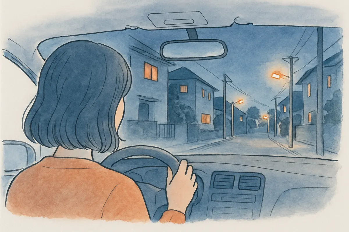 夜の住宅街で車内から通りをうかがう様子