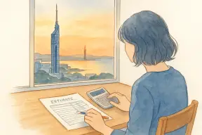 窓越しに福岡の街並みが見える部屋で、見積書と電卓を前に調査費用を考える女性の手元