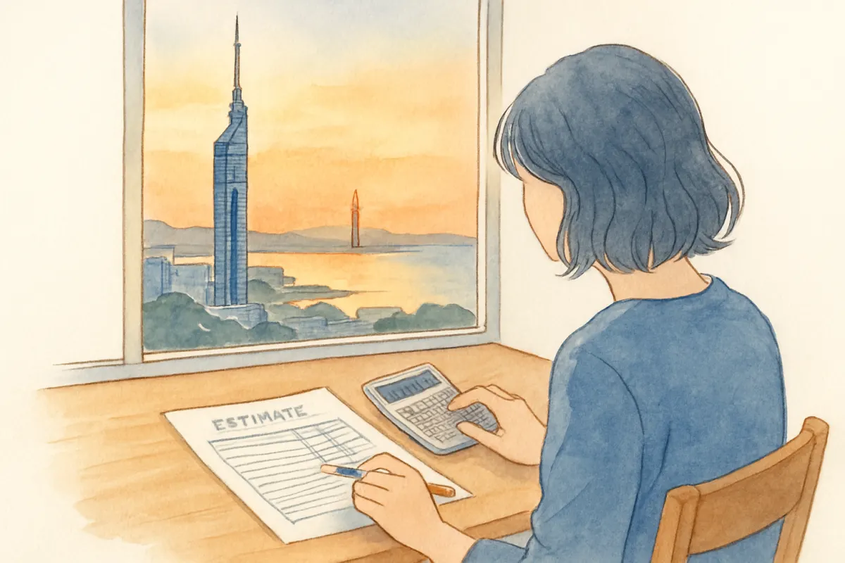 窓越しに福岡の街並みが見える部屋で、見積書と電卓を前に調査費用を考える女性の手元