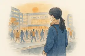 夕暮れの博多駅前で人波を見つめる女性の後ろ姿