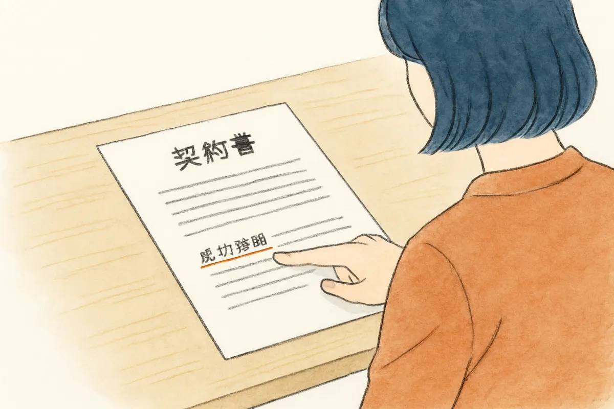 契約書の成功報酬の条項を確認する女性の手元とペン
