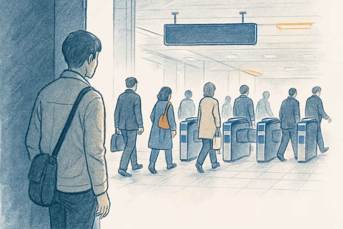 帰宅ラッシュの船橋駅改札前を行き交う人々のイメージ