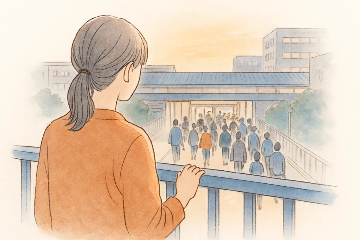 夕方の歩道橋から駅へ向かう人の流れを眺める女性の後ろ姿