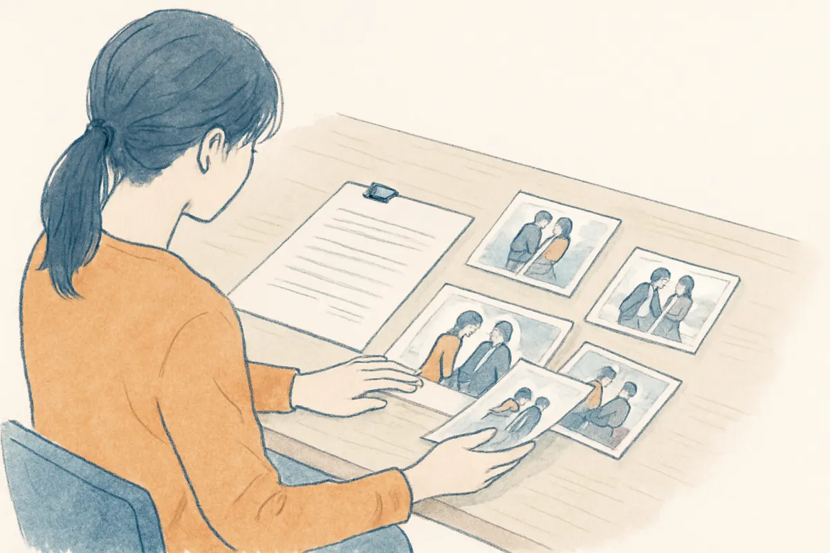 書類と資料を前に不貞の証拠を整理する女性の手元