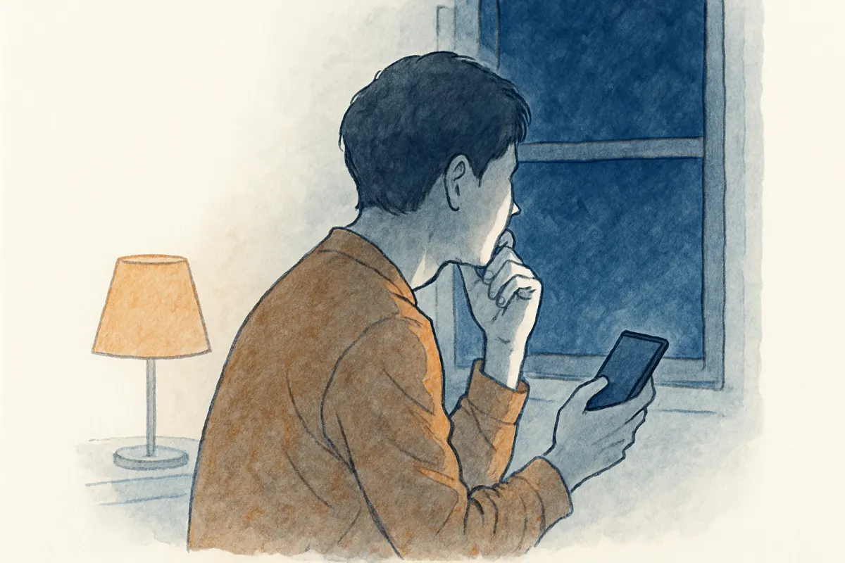夜の部屋でスマホを手に窓の外を見て考え込む男性の横顔