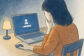 夜の部屋でパソコンのログイン画面を前に手を止める女性の手元