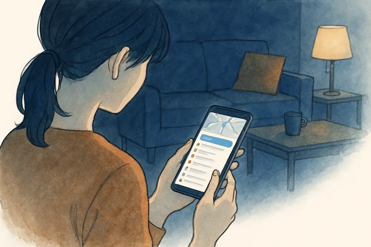 夜のリビングでスマホの地図に並ぶ移動履歴を見つめる女性の手元