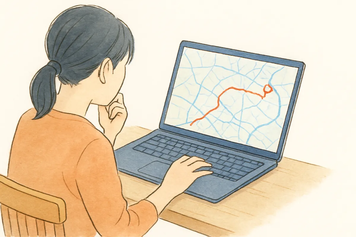 ノートパソコンで地図の移動履歴を確認する女性の手元