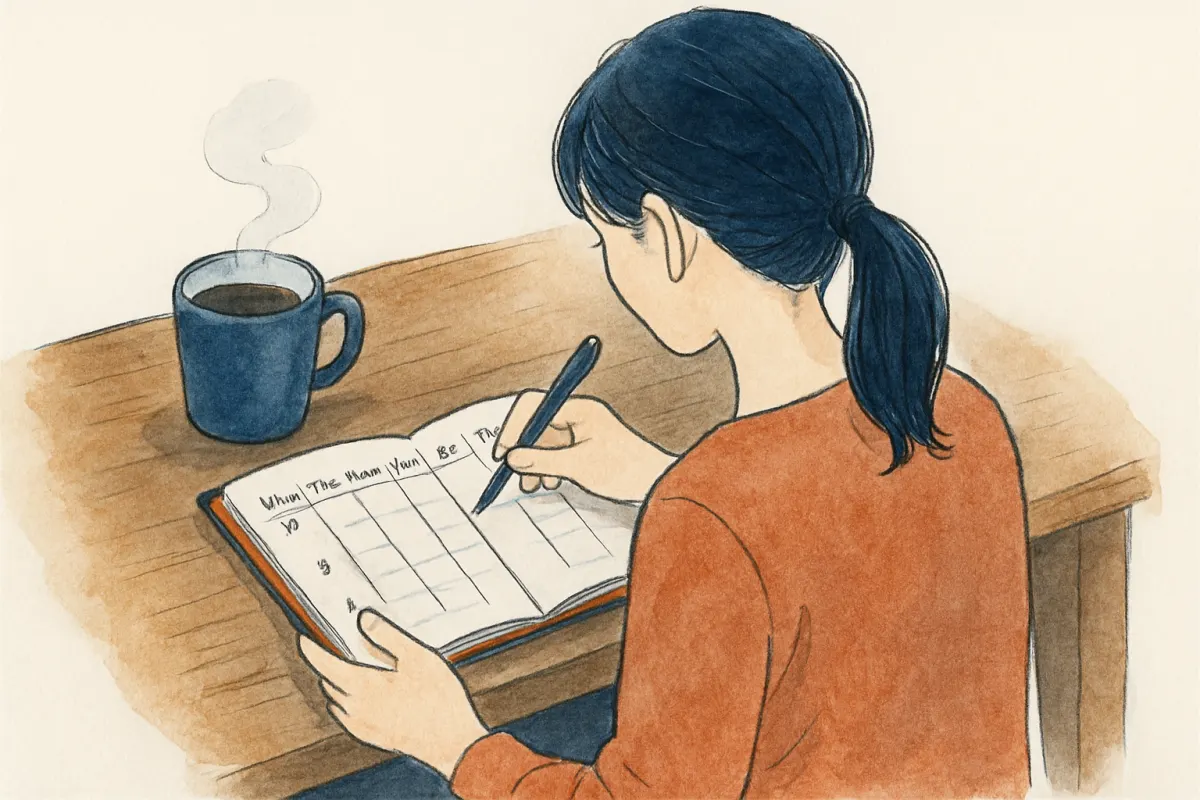 手帳に帰宅時間のパターンを書き込む女性の手元