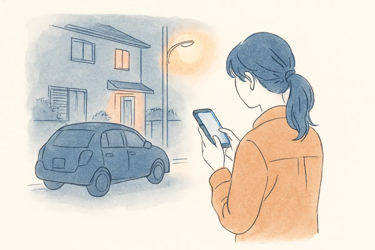 夜の駐車場で停まった車とスマホを持つ女性の手元