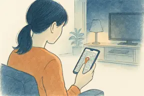 夜のリビングでスマートフォンの地図画面を見つめてためらう女性の手元
