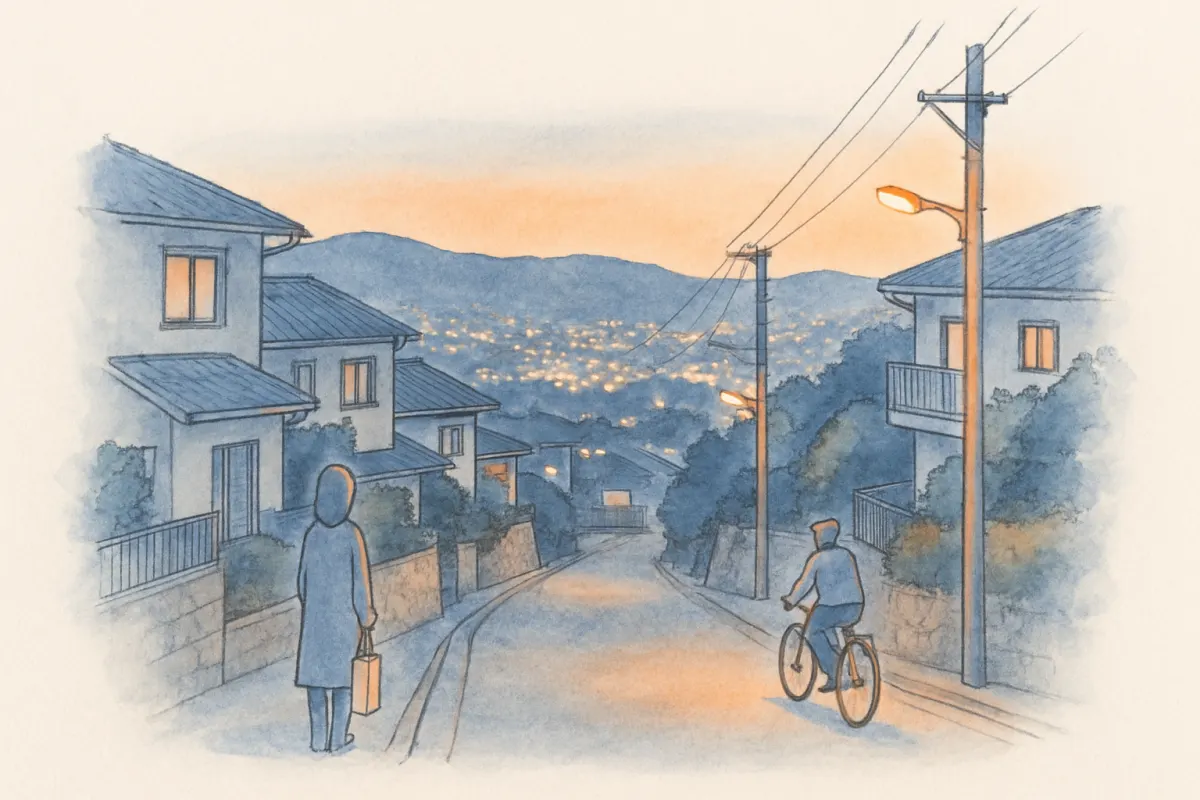 夕暮れの八王子郊外の住宅地の坂道