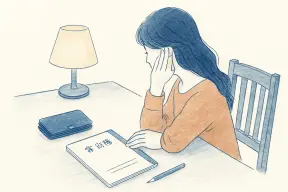 テーブルの上の夫の財布を前に考え込む女性の手元