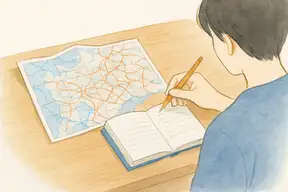 デスクに広げられた地図と手帳、鉛筆で書き込む手元