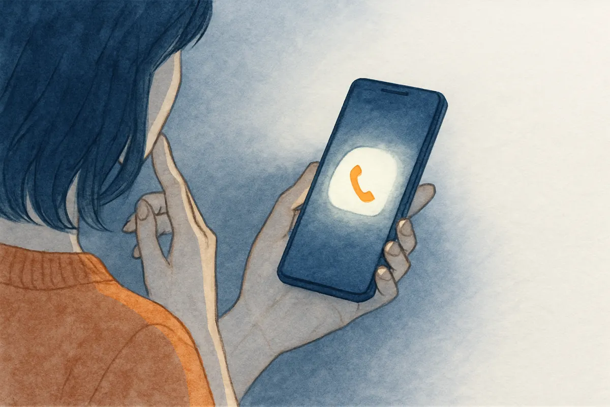 ホテルへの電話をためらいスマホを見つめる様子