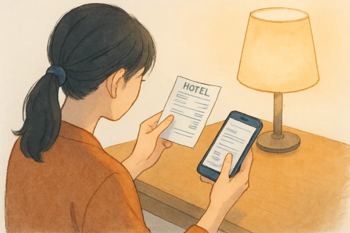 夜の部屋でホテルの領収書とスマホを手に考え込む女性の手元