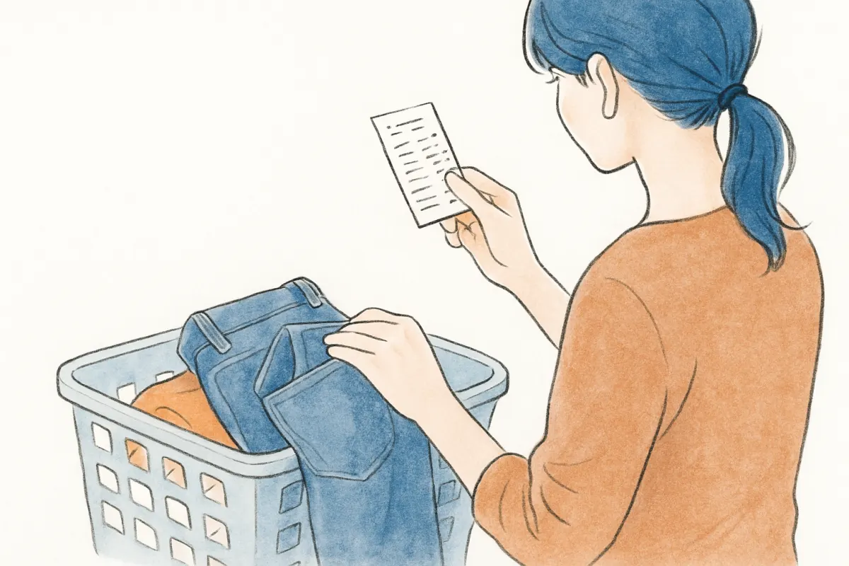 洗濯前の衣類のポケットから出てきた一枚のレシートをつまむ女性の手元