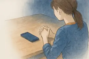 深夜のダイニングテーブルで伏せられたスマホの前に静かに組まれた女性の手元