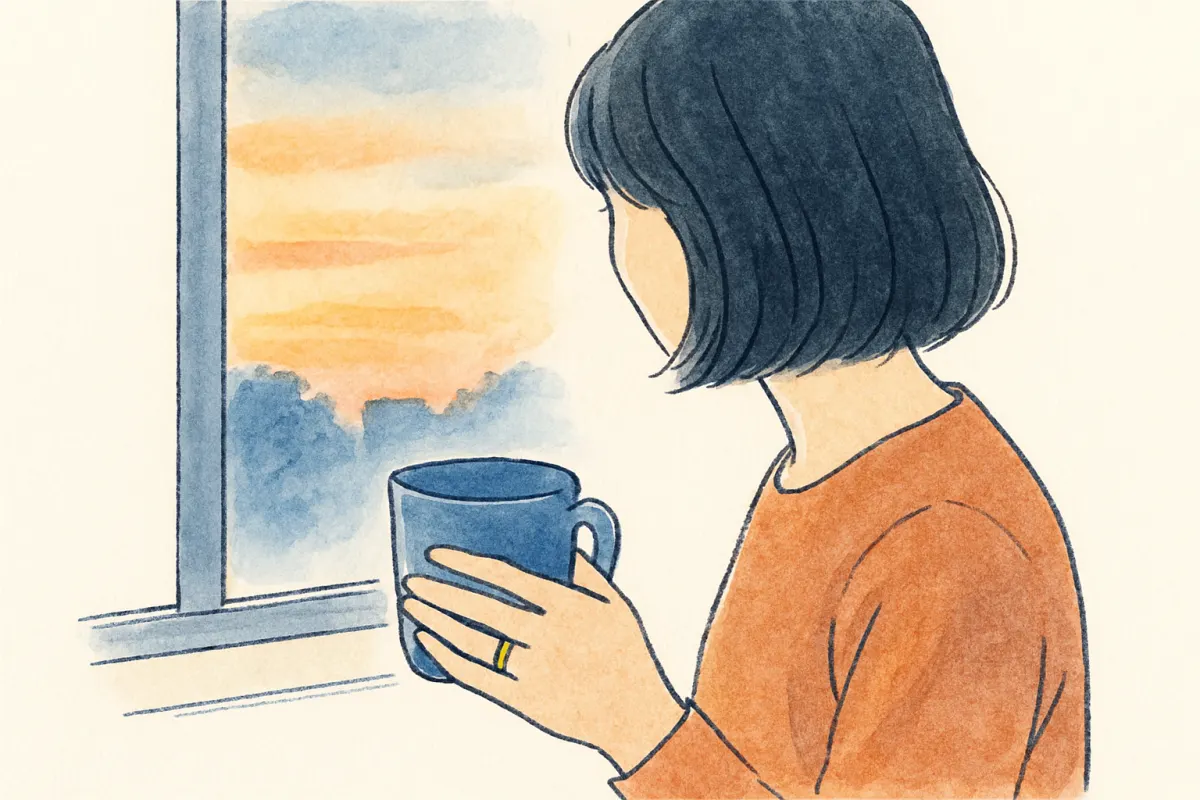 夕暮れの窓辺で結婚指輪に視線を落とす女性の手元
